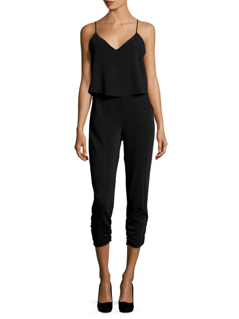 Euc Parker Popover Crepe Jumpsuit V-Neck Ruched Cuffs Jumpsuit Black Xs